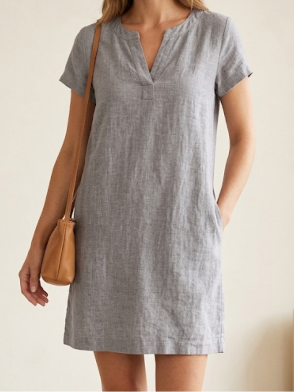Sigrid Olsen 100% Linen Mini Tunic Dress Gray V Neck Short Sleeve Old Money